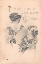 1912 Christmas PC of Lovely Lady & Little Girl with Poinsettias & Holly-HA Weiss