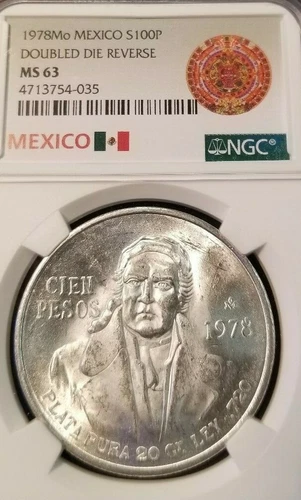 1978 MEXICO SILVER 100 PESOS S100P DOUBLED DIE REVERSE NGC MS 63 SCARCE COIN !!