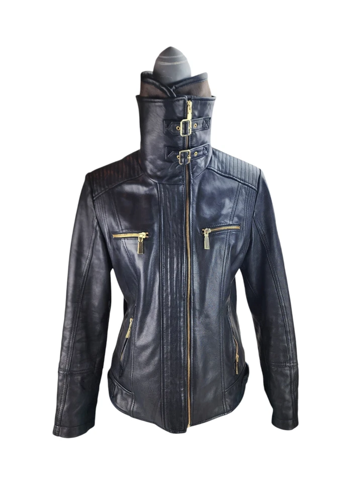 Vince Camuto 女式 L Moto 皮革夹克羊羔皮革人造毛皮领 — 第 3/4 张图片