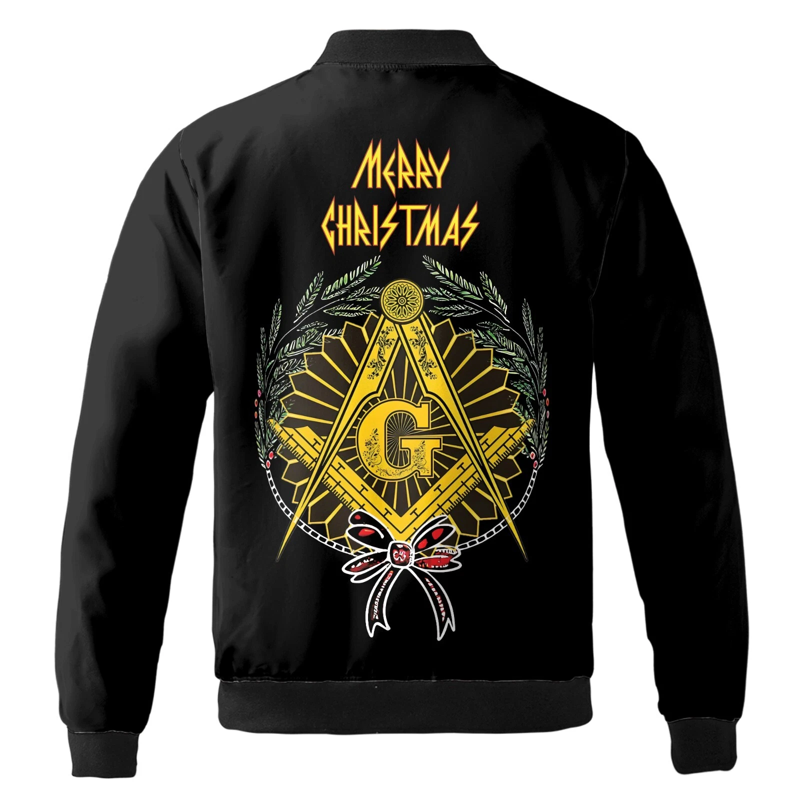 Customized Mason with Red Bow Pine Tree Merry Christmas Freemason Bomber Jacket