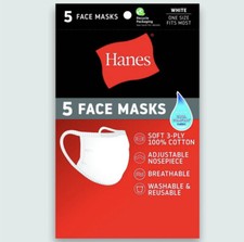 5 Pack HANES Face Masks WHITE Cotton Reusable Cover Cloth Facemask FREE SHIP NIB