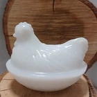 Vintage Hazel Atlas White Milk Glass Chicken Hen Nest Covered Dish Butter Dish