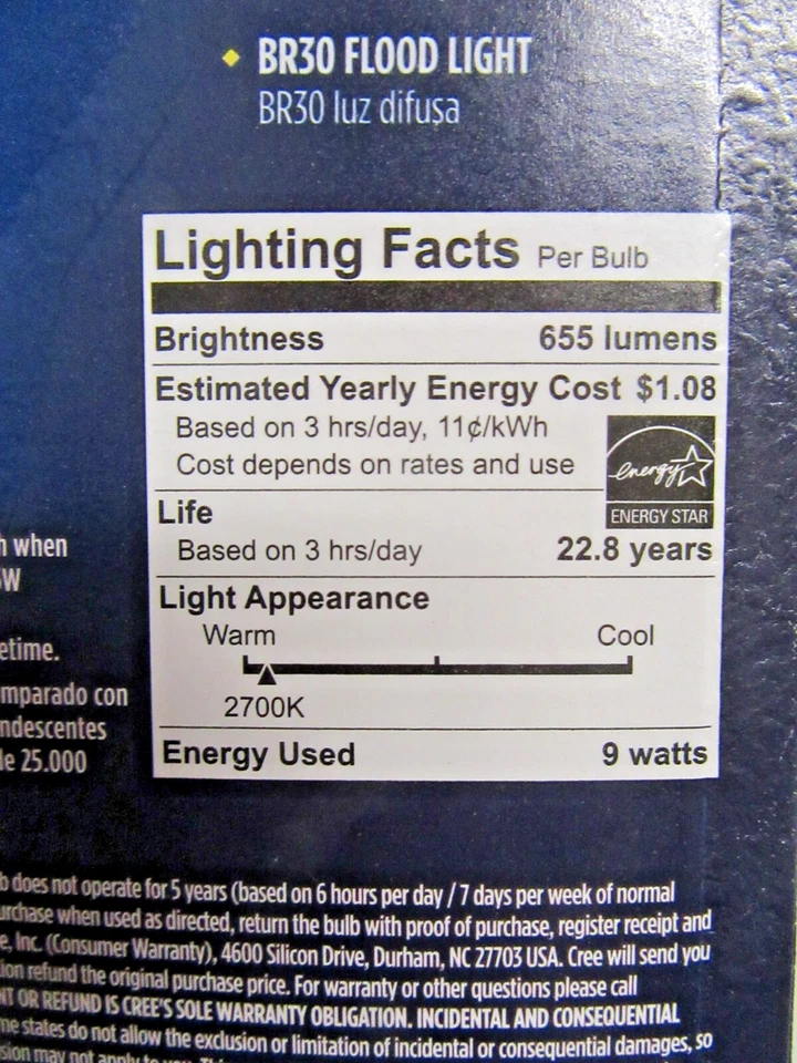 CREE 65 W / 9W LED Soft White 2700K BR30 Flood Dimmable Light Bulb - Image 3 of 4