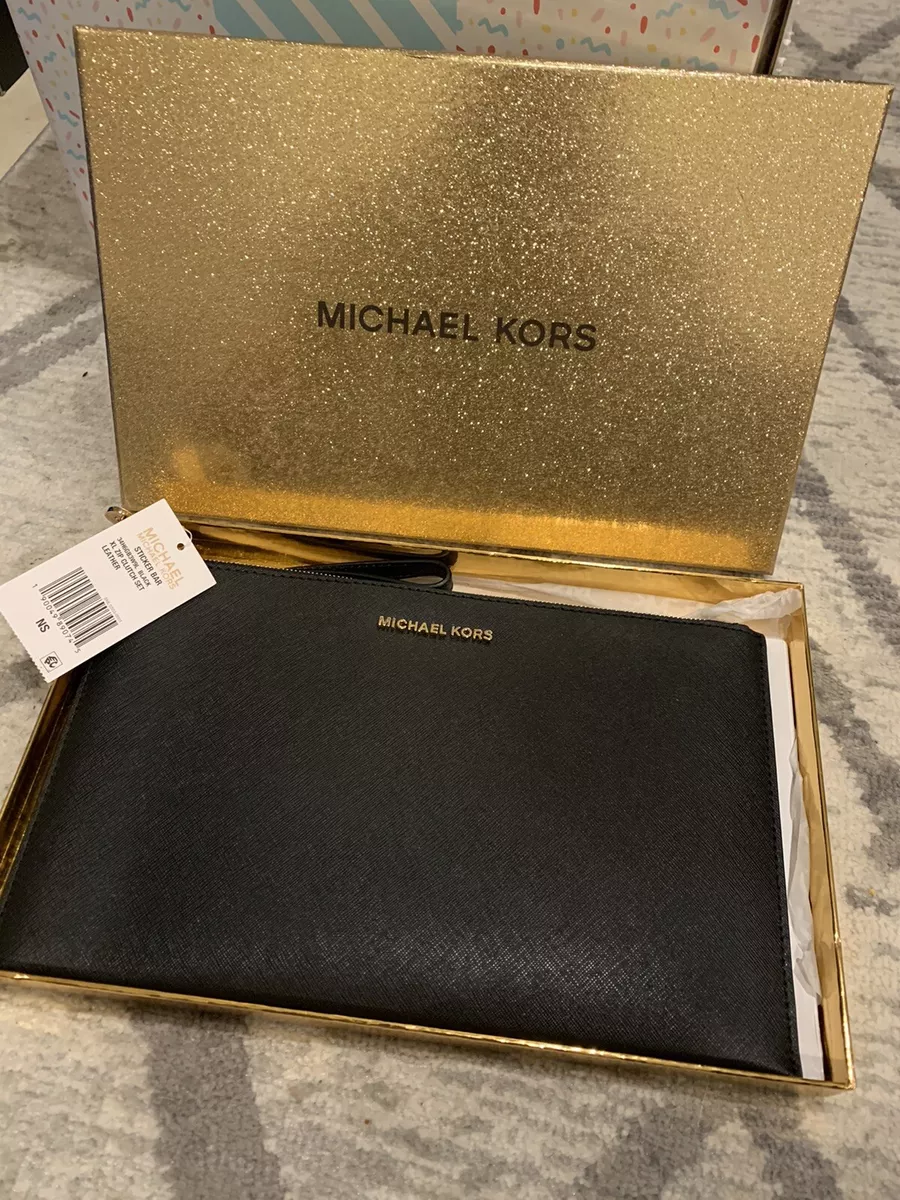 MICHAEL KORS Sticker Bar MK XL Zip CLUTCH SET Black Saffiano Leather 34H6GB3W9L