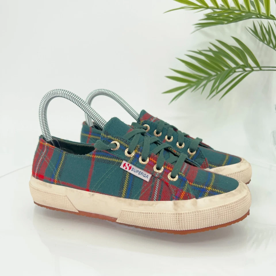 Zapatilla deportiva Superga para mujer de tartán talla 6 tejida de lona parte superior baja verde roja Foto 2 de 4
