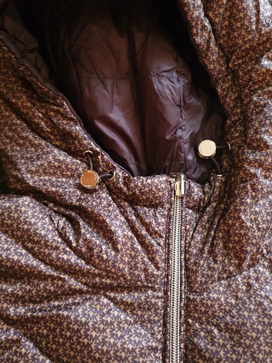 Michael Kors Jacket Womens Puffer Jacket Mk Logo Brown Hoodie Reversible