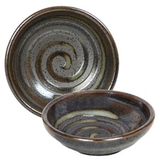 SET of 2 Japanese 3.25"D Wasabi Soy Sauce Dipping Dish Brown Swirl Made in Japan