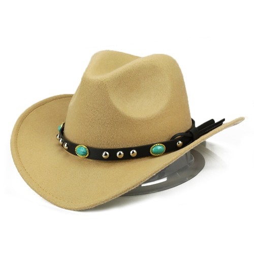Beige Western Cowboy, Cowgirl Hat, Turquoise Strap, Men Women Retro Wide Brim - Picture 3 of 3
