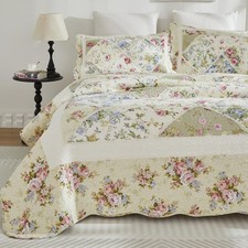 King Size Quilt Set Cotton Patchwork Quilts Country Rustic Rose Floral Coverl...