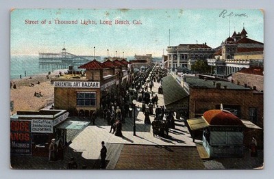 Antique California Postcard LONG BEACH Pier Street Thousand Lights 1910