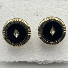 Vintage Black Rhinestone Center Round Cufflinks Bullet Back