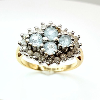 Cluster-Diamantring 9 kt Gold Blautopas UK punziert Größe K 2,4 g