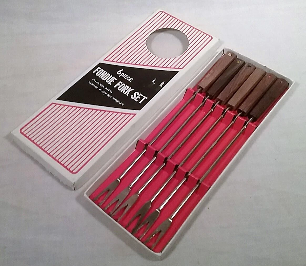 SET 6 MID CENTURY ROSEWOOD HANDLE FONDUE FORK IN ORIGINAL BOX MADE IN JAPAN