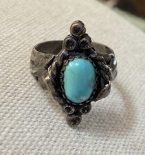 Vintage Native American Sterling Silver Turquoise Ring Size 5 Oval Saw Tooth