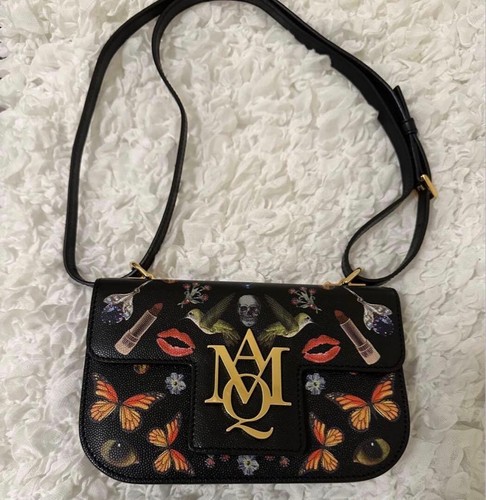 Alexander McQueen Insignia Black Leather Crossbody Bag Gold Hardware Embroidered
