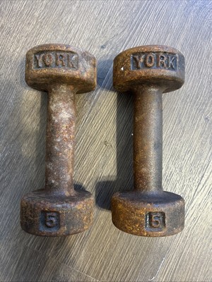 Vintage Pair Of York Dumbbell Weights 5 Lb Cast Iron Flat Bottom USA