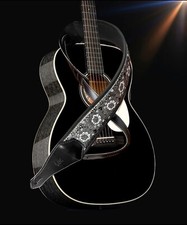 Guitar Strap, Leather: Silver Rose Wide Padded. Unique. Handmade in Greece