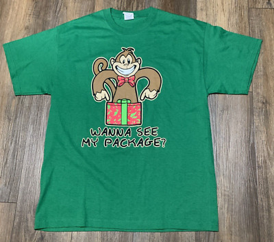 Holiday Naughty Fun T Shirt Mens L  ''Wanna See My Package?'' Christmas Monkey