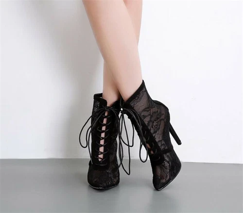 Ladies Lace Sexy High Heels Ankle Boots Pointed Toe Stilettos Nightclub Shoes - Picture 6 of 12