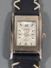 Soho Silver Tone Dial Rectangle Case Black Band White Stitch Watch