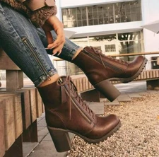 New Women's Lace Up Combat Ankle Booties Boot Chunky High Heel Platform Lug Sole