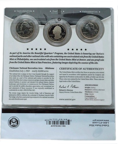 2011 PD & Proof S AMERICA THE BEAUTIFUL CHICKASAW RECREATION AREA 3 QUARTERS SET - Picture 2 of 2