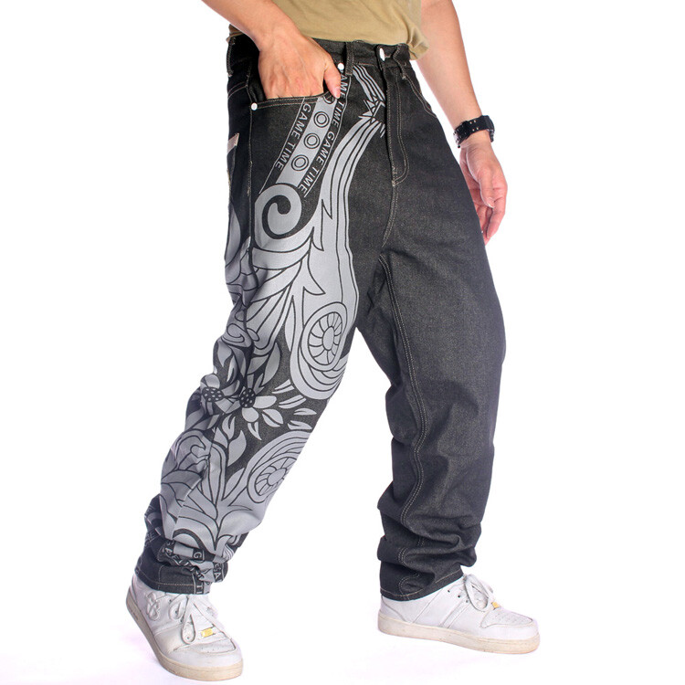 Mens Black Jeans Graffiti Print Embroidery Relaxed Hip Hop 