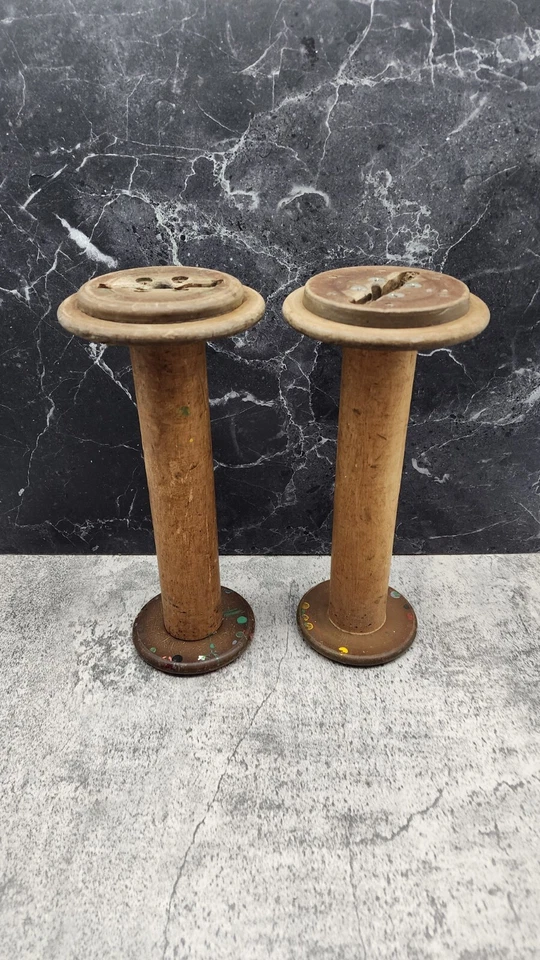 Juego de 2 carretes de madera antiguos textiles Pennsylvania Foto 3 de 4