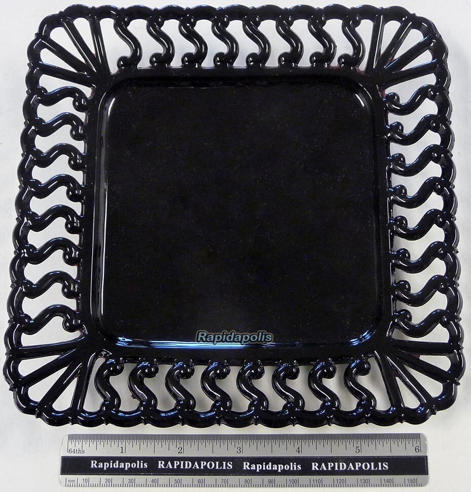 Fine Antique Black Amethyst Milk Glass Square Plate Reticulated S Lace  Border