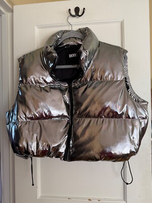 DKNY Shiny Puffer Vest Metallic Quilted Full Zip Modern Fit Cropped M Silver