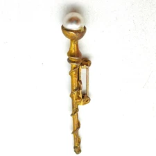 Vintage Staff Brooch Gold Tone Faux Pearl Tip Thorn Vine Detail Religious Faith