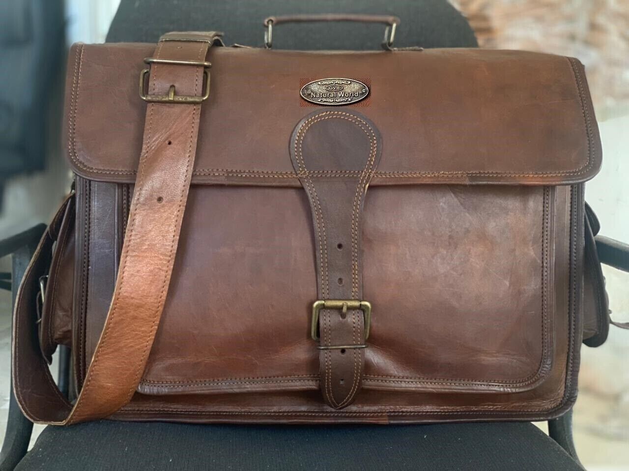Men's Leather Vintage Laptop Messenger Briefcase Pocket Bag Satchel