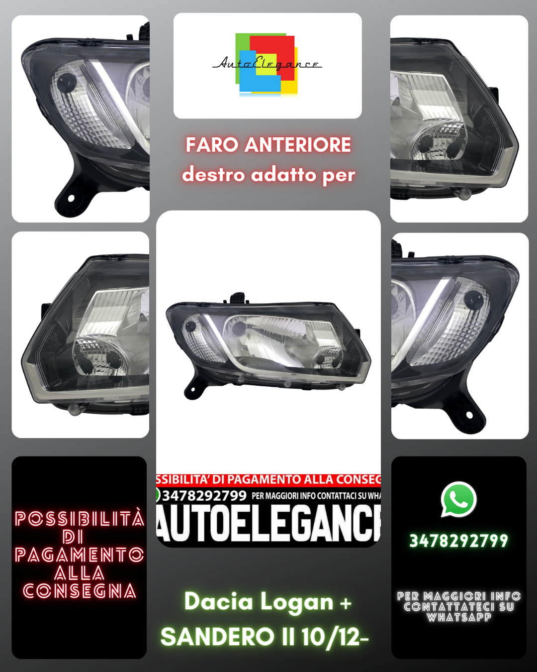 Faro anteriore destro per Dacia Logan + SANDERO II 10/12-  DRL H4  alogeno LWR