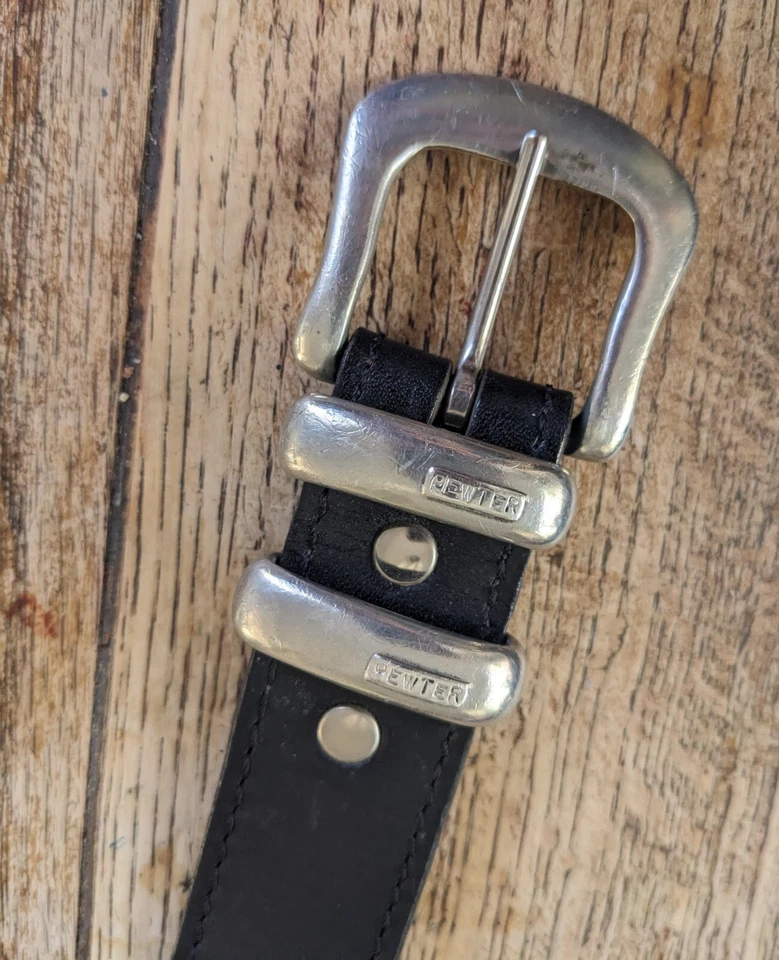 Stockade Mens Black Leather Belt 3 Cm Wide Pewter Buckle  Two Carriers 79-97 cm - image 2 of 4