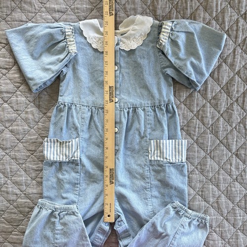 Vintage Oshkosh Denim Bubble Jumpsuit Romper 4T Peterpan Collar Pockets USA 90s - Picture 22 of 24