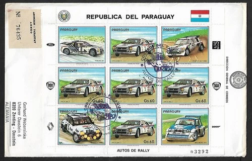 PARAGUAY TO GERMANY FDC RALLY CARS FULL SHEET ON REGISTERED COVER 1987