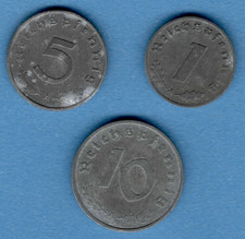 1942 Germany Third Reich. Set 3 zinc coins: 1, 5, 10 Reichspfennig SWASTIKA 400
