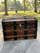 Antique 1800s Dome Top Steamer Trunk | Original Lining & Wood Trim