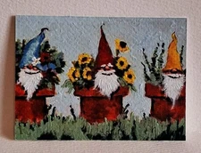 Gnomes in the flowerpots ACEO Original People Hand PAINTING by Leslie Popp