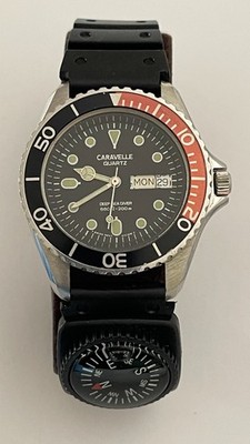 Vintage Caravelle Deep Sea Diver Watch 660 Feet Swiss French Day Black Dial 1994
