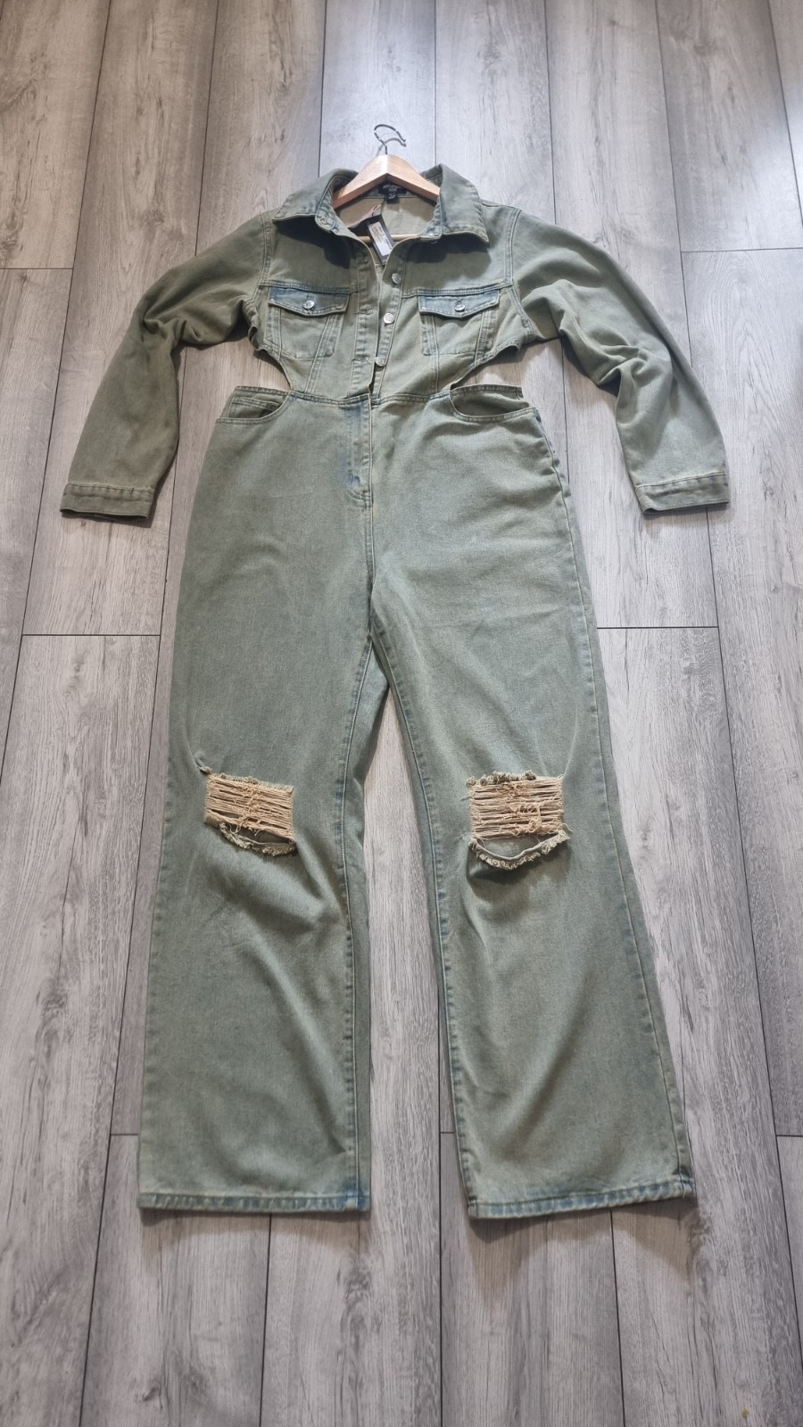 PLT Petite UK 14 Blue Denim Cut Out Jumpsuit Festival Y2K Distressed BNWT image 2