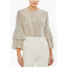 Mac Duggal NWD Size Small Nude Silver Ruffle 3/4 Sleeve Sequin Bodysuit R26822