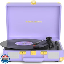 Purple Suitcase Record Player with Bluetooth and USB Recording, Vintage 3-Spe
