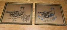 Lot 2 ANTIQUE  FOLK ART PAINTING DRAWING FRAMED Primitive Bird Nest Chicks