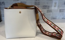 Tory Burch Emerson Ivory Bucket Bag with Embroidered Floral Strap.