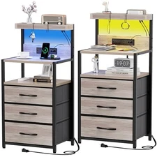 Nightstand Set of 2, Large Night Stand with LED Lights and Charging Station, 