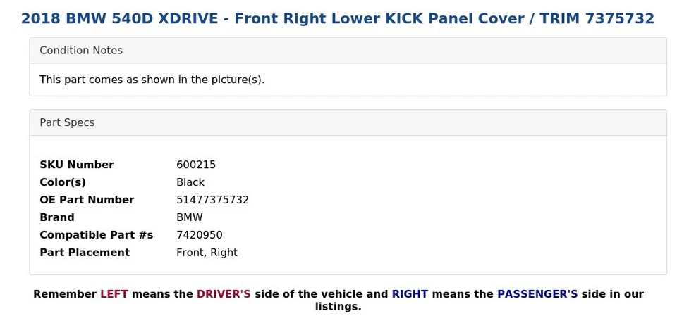 BMW 540D XDRIVE 2018 - Cubierta del panel inferior delantero derecho/ajuste 7375732 Foto 3 de 4