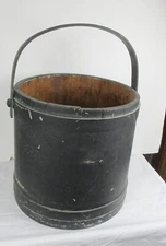 ANTIQUE WOOD STAVED PAIL ORIGINAL FURKIN Old paint Large size 2 wood bands