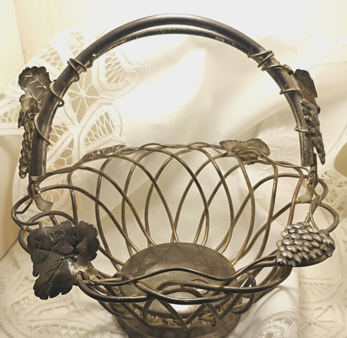 Vtg Godinger Silverplate Wire Bread Fruit Basket Grapes Motif Swing Handle 7.5" - Picture 4 of 11