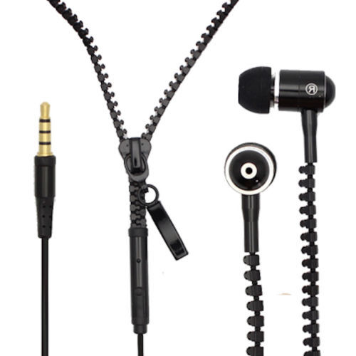 Black Zipper Headphones Earphones Earbuds with Mic Microphone for Cell Phones - Afbeelding 1 van 1